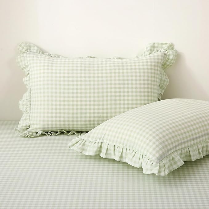 2 Pack Pile Green White Plaid Ruffle Gingham King Size Pillow Shams, 100% by KMASANIJI