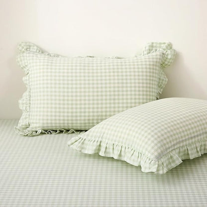 2 Pack Pile Green White Plaid Ruffle Gingham King Size Pillow Shams, 100% by KMASANIJI