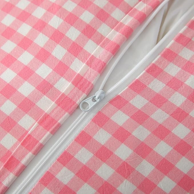 2 Pack Vintage Light Pink Plaid Ruffle Throw Pillow Covers, Washed Cotton - Image 4