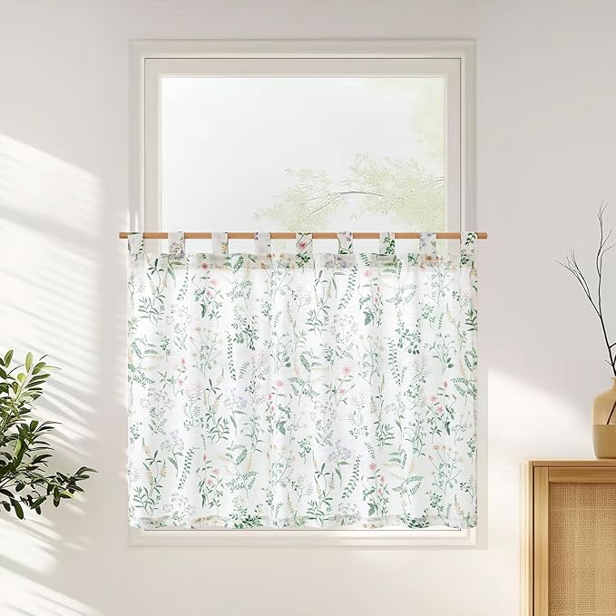 JINCHAN Linen Kitchen Curtain Floral Printed Tier Curtain 36 Inch Farmhouse by JINCHAN