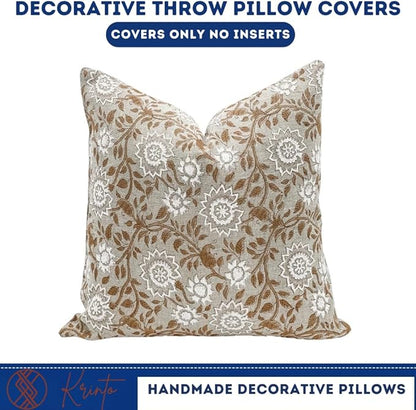 Designer Tan Beige Floral Design on Natural Linen Pillow Cover, Boho Décor - Image 2