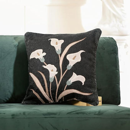 Black Throw Pillow Covers, Elegant Floral White Calla Lily Pattern Linen - Image 2
