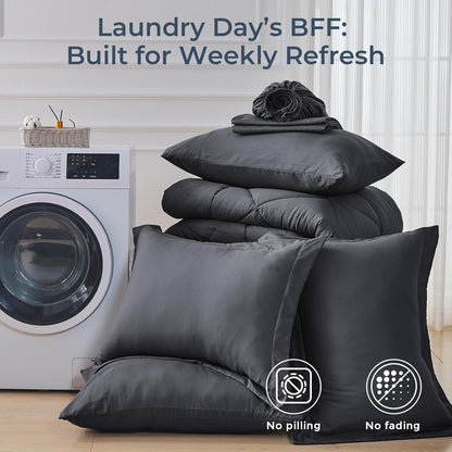 hevumyi 7-piece full comforter set, dark grey bed on a desk or shelf