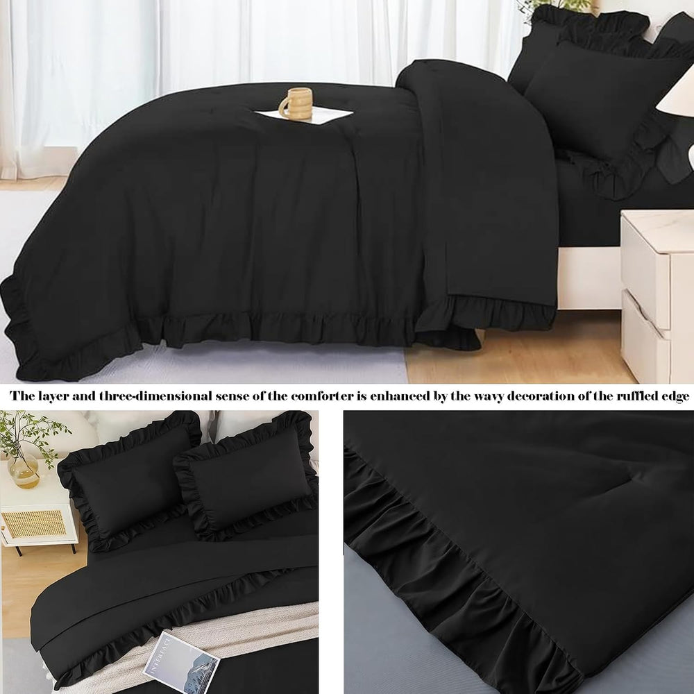 ANGIYUIN Black Queen Size Comforter Set 5Pcs Ruffle Bed in A Bag