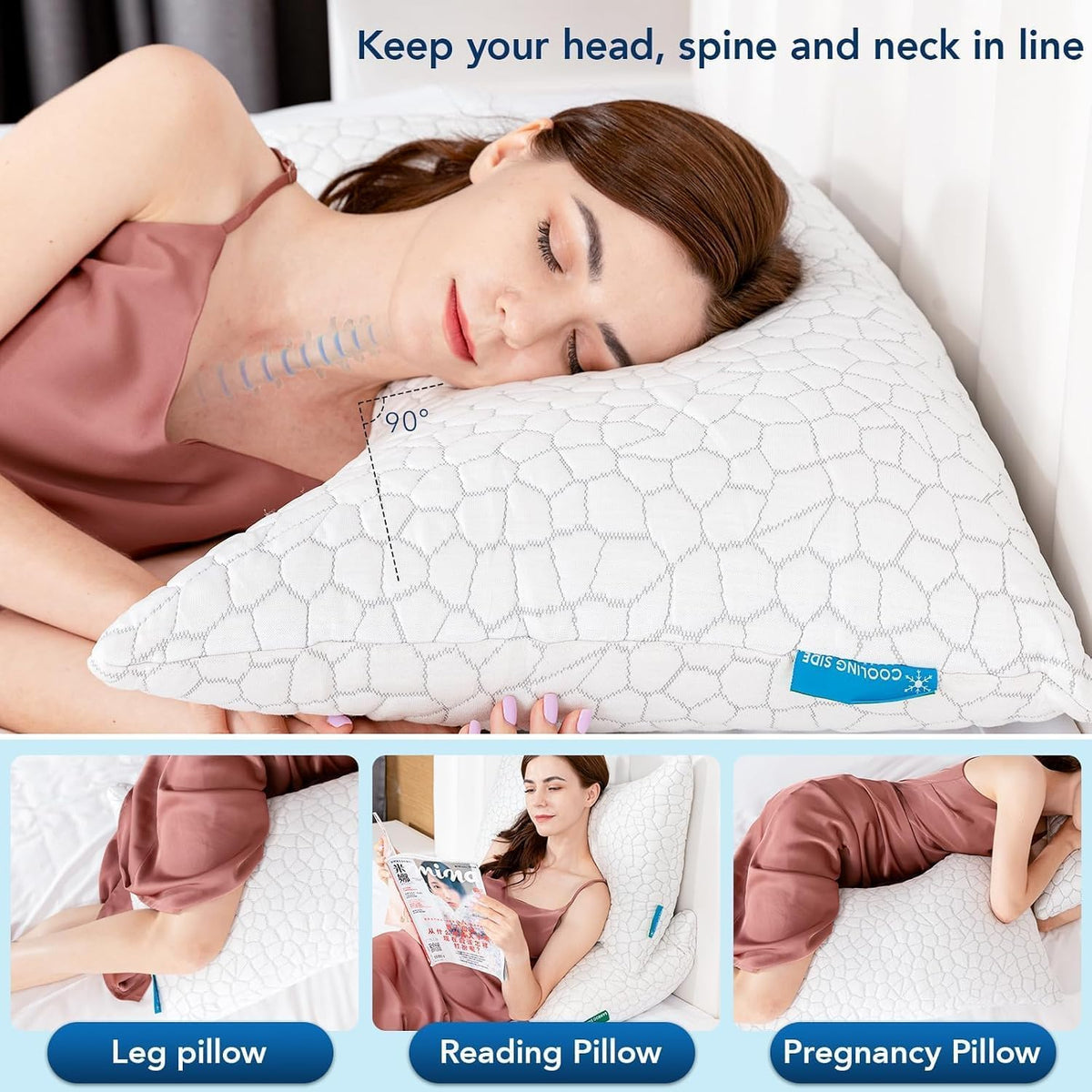 side sleeper pillow for side and back sleepers showing dimensions