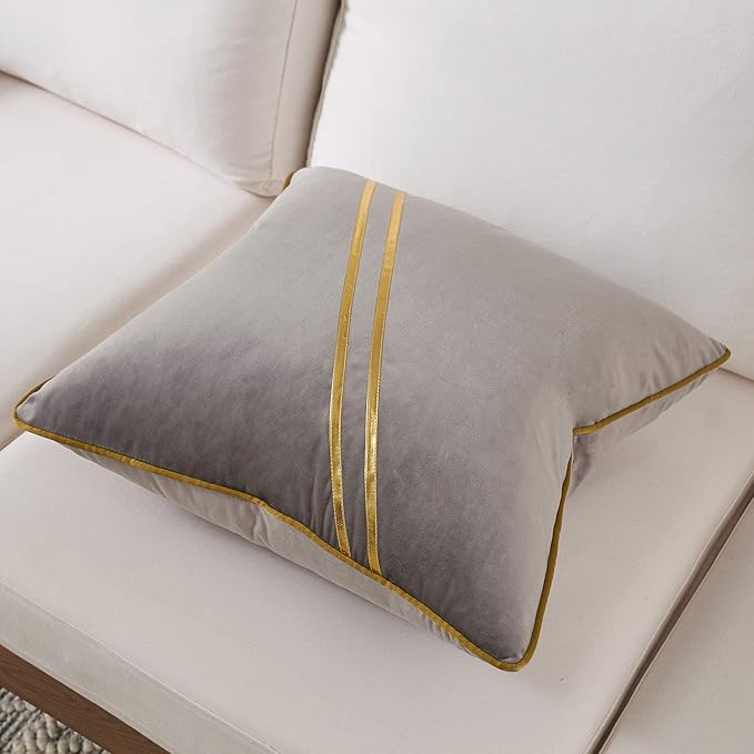 Avigers 18 x 18 Inch Gray Gold Leather Striped Lines Velvet Cushion Case Luxury - Image 3