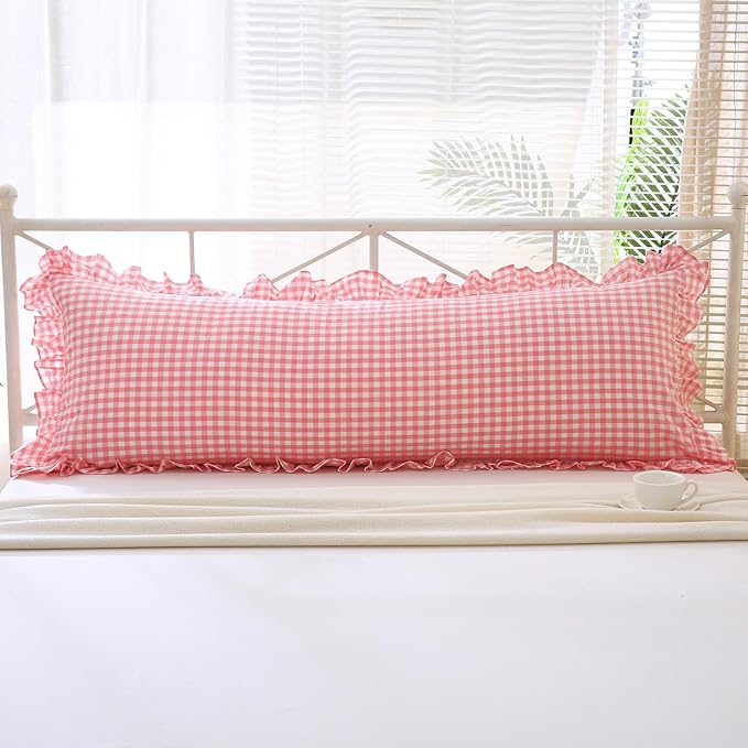 Coral Pink White Plaid Ruffled Gingham Body Pillow Cover, 100% Washed Cotton - Image 7