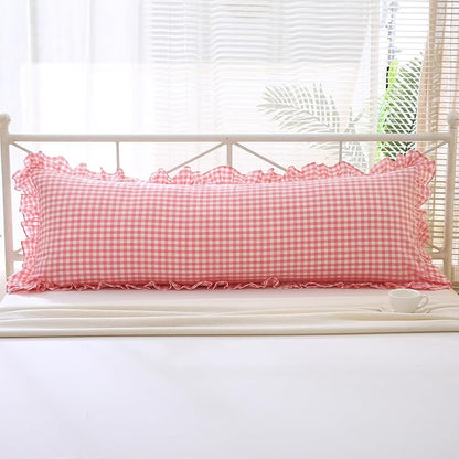 Coral Pink White Plaid Ruffled Gingham Body Pillow Cover, 100% Washed Cotton - Image 7