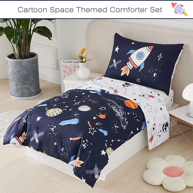 PERFEMET 4 Pcs Toddler Bedding Dark Blue Outer Space Printed Toddler Bed Set - Image 2