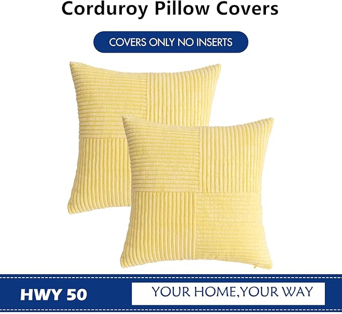 HWY 50 Pale Yellow Corduroy Patchwork Throw Pillow Covers 20x20 Inch, Soft Cozy - Image 7