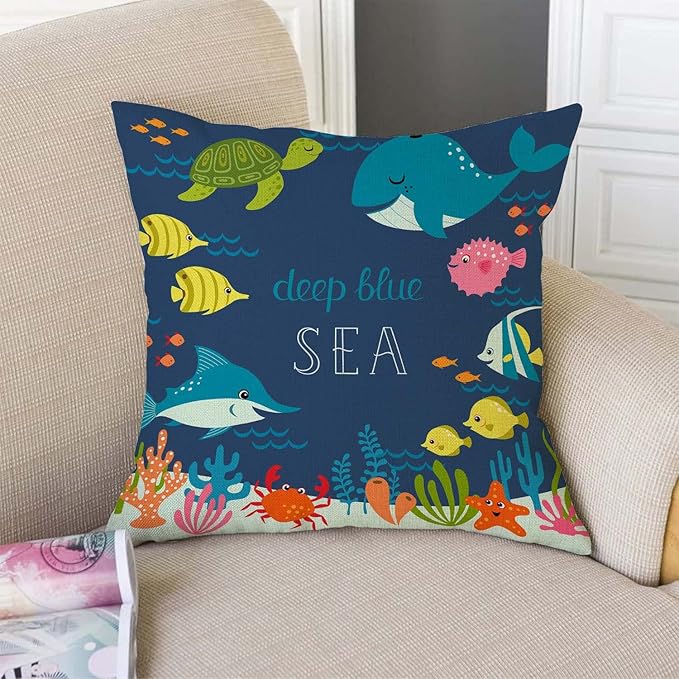 Cartoon Fish Whale Throw Pillow Cover 18 x 18 Inch, Cartoon Underwater Ocean - Image 2