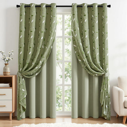 miulee sage green double layer patterned blackout curtains, main product view