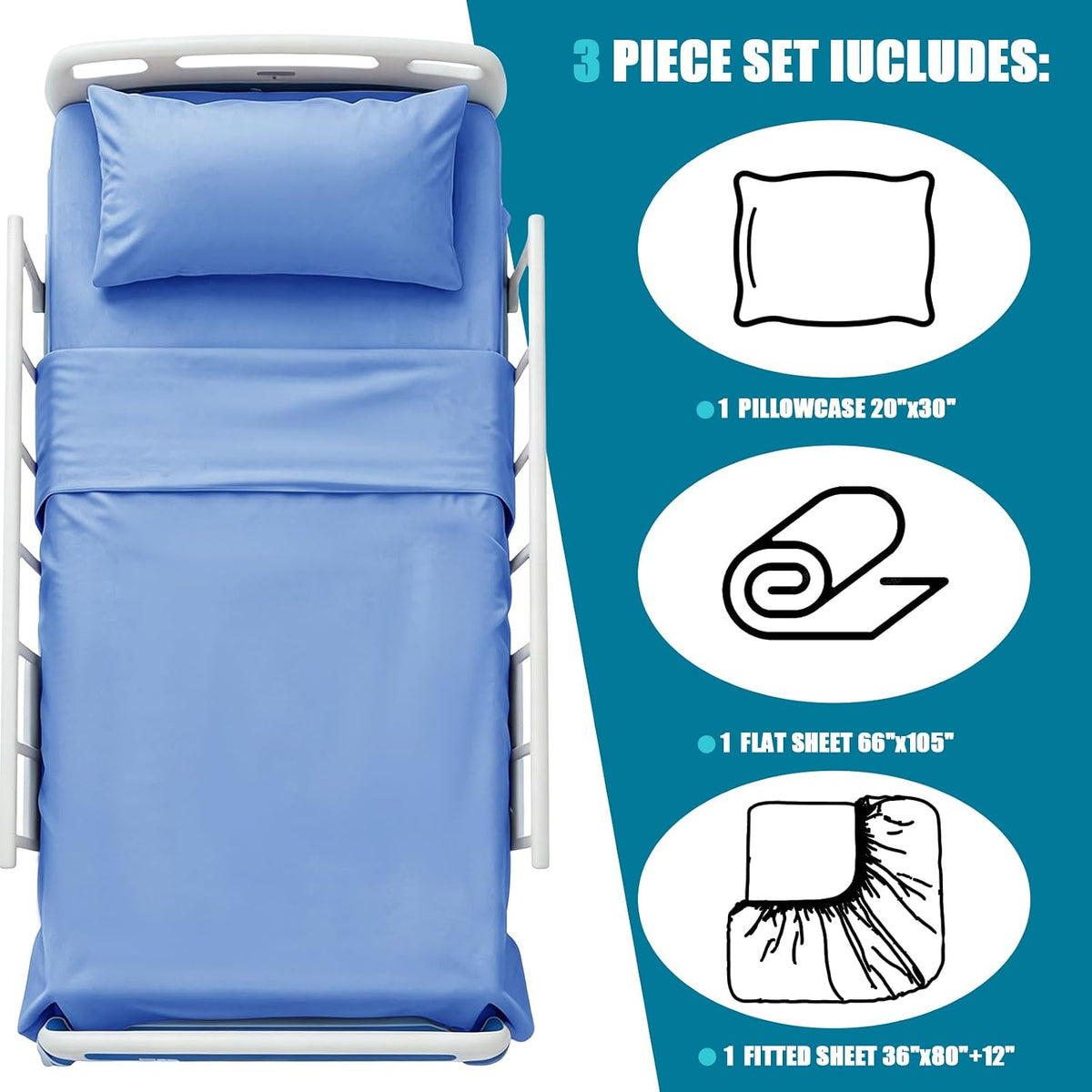 kkjiaf 3 piece light blue cotton hospital bed, close-up detail