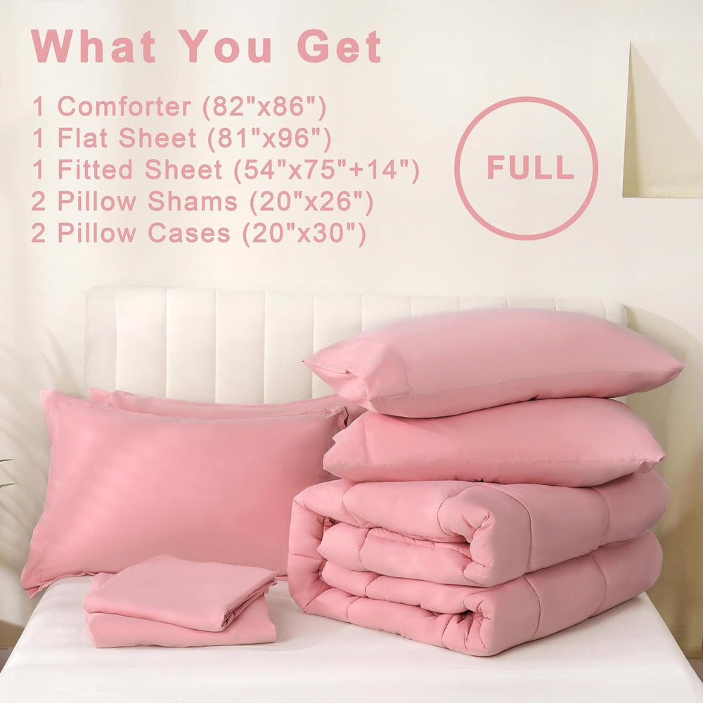 DOWNCOOL Full Size Comforter Sets, 7Pcs Full Size Bedding Sets Pink, All Seas...