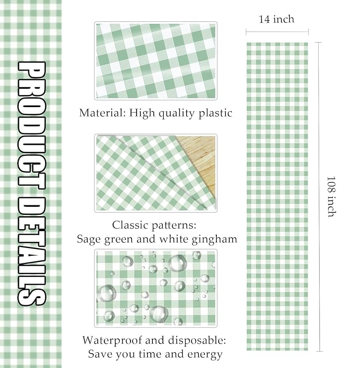 3 Pcs Sage Green and White Checkered Table Runner Plastic 14 x 108 Disposable - Image 3