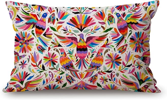 Solekla Mexican Design Colorful Pigeons Pheasant Cotton Linen Throw Lumbar by Solekla