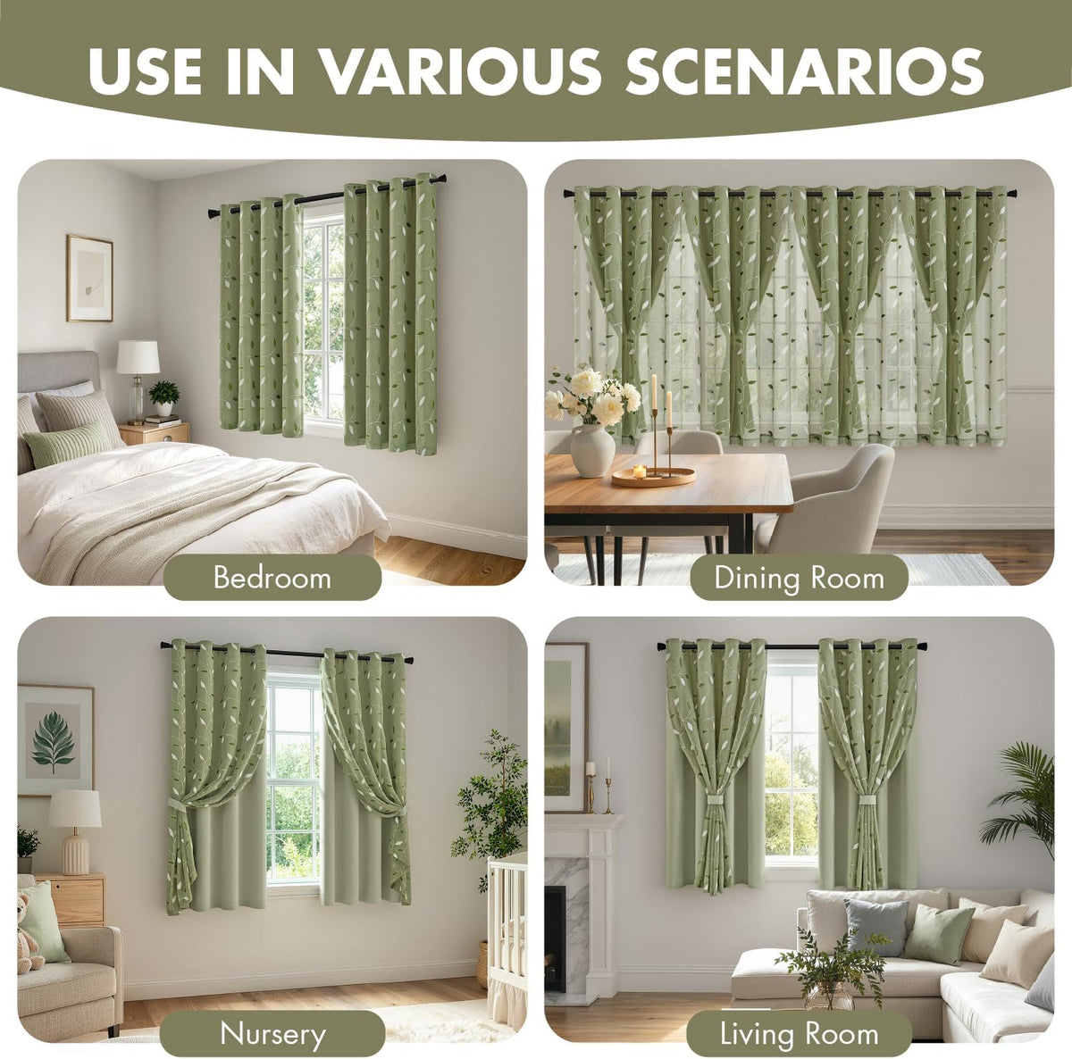 miulee sage green double layer patterned blackout curtains, front angle view