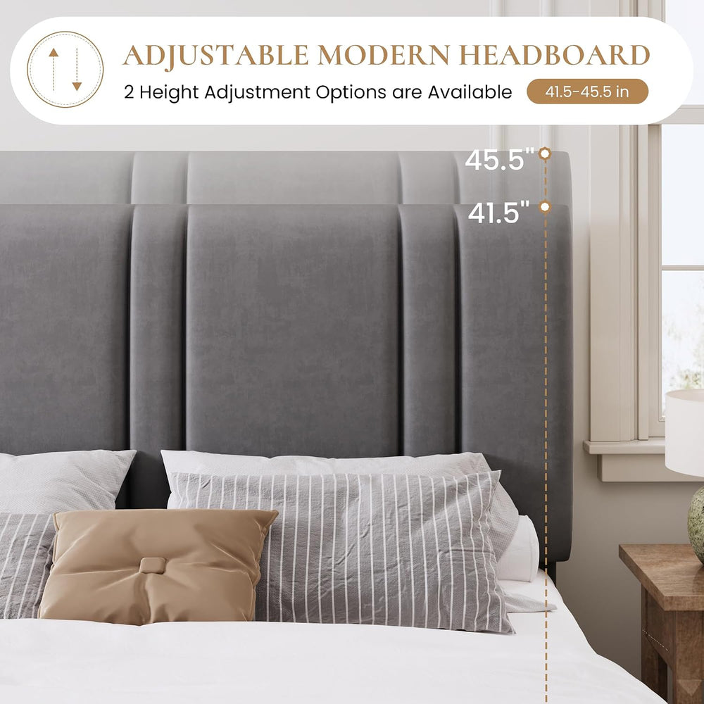 SHA CERLIN Queen Size Velvet Bed Frame with Adjustable Headboard, Grey