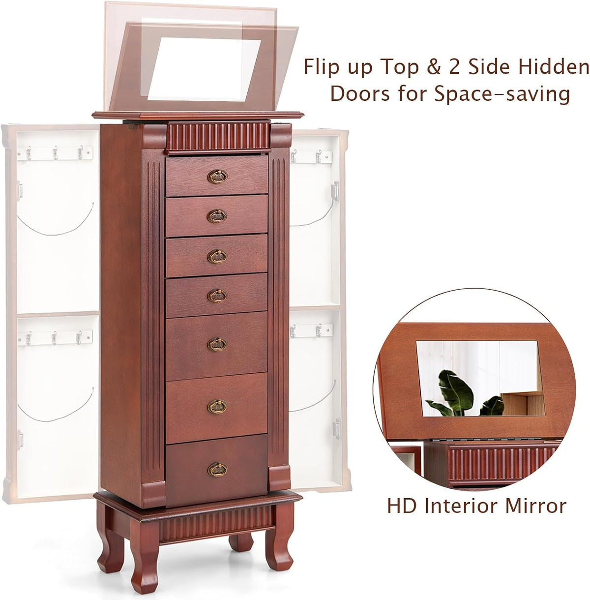 costway standing jewelry armoire, wooden jewelry storage chest showing dimensions