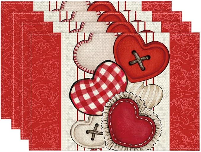 Artoid Mode Red Heart-Shaped Buttons Valentine Placemats Set of 4, 12x18 Inch by ArtoidMode