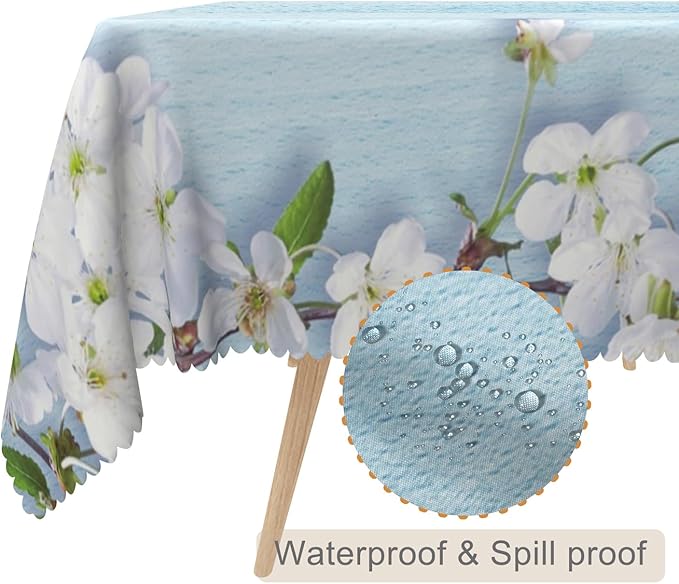 54x70inches Blue Wooden Rectangle Tablecloth Cherry Blossom Flowers Border - Image 2