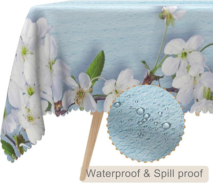 60x102inches Blue Wooden Rectangle Tablecloth Cherry Blossom Flowers Border - Image 2