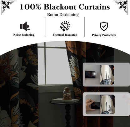 tyrot black boho floral grommet blackout curtains, 52w, close-up detail