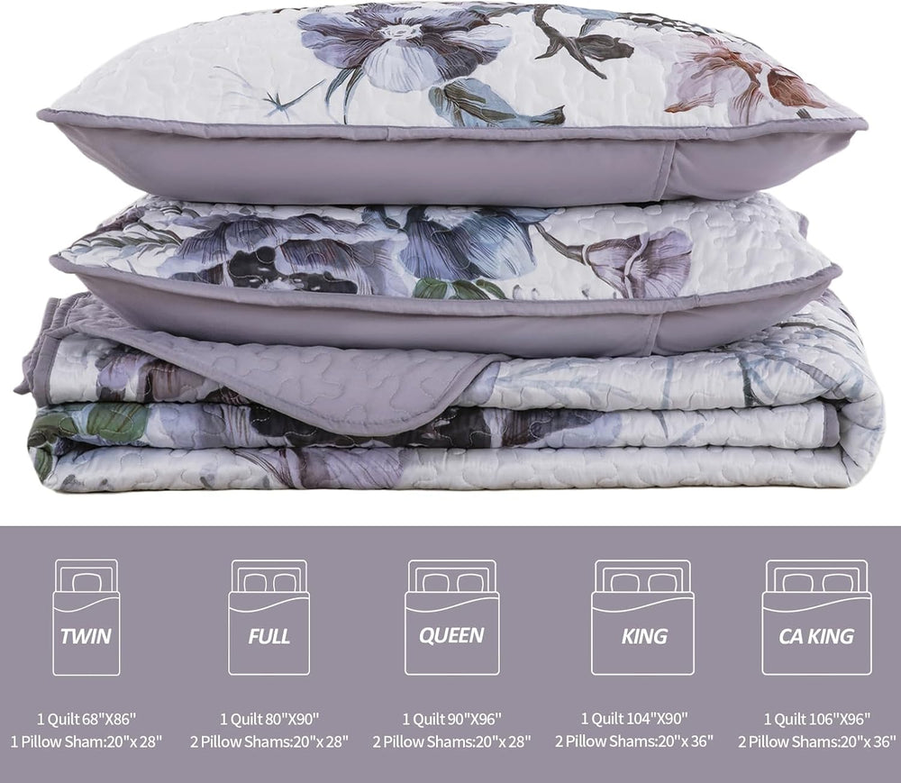 Drucon Purple Floral Quilt Set King 3 PCs Purple Botanical Flower Quilt Set