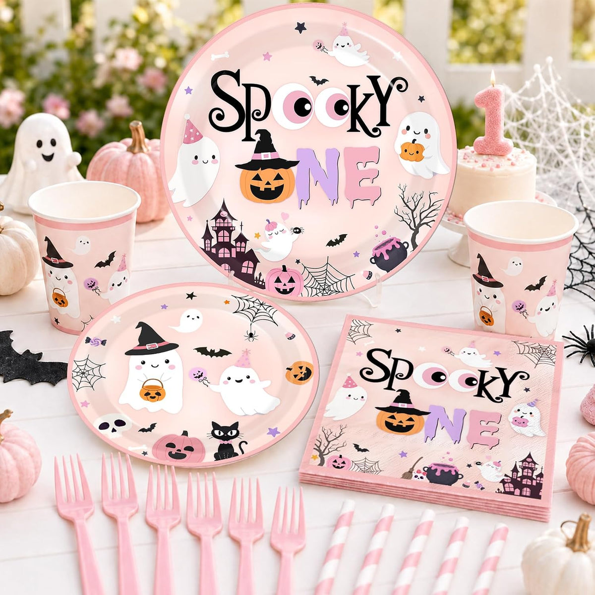 Spooky One Birthday Decorations Girl, 276 Pcs Pink Halloween 1st Birthday Party Decorations with Spooky One Plates,Napkins,Banner,Backdrop,Tablecloth and Balloon Arch for Ghost First Birthday
