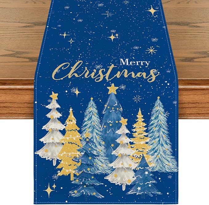 Artoid Mode Xmas Trees Merry Christmas Table Runner, Seasonal Winter Blue by ArtoidMode