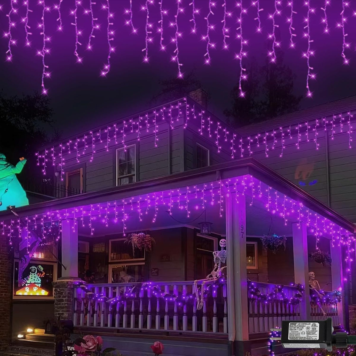 QITONG Purple Halloween Lights, 33ft 400 LED Icicle Lights for Outside Plug in, Clear Wire Connectable String Light Indoor with 8 Modes