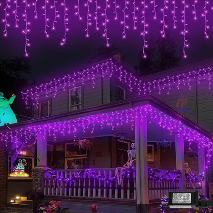 QITONG Purple Halloween Lights, 33ft 400 LED Icicle Lights for Outside Plug in, Clear Wire Connectable String Light Indoor with 8 Modes