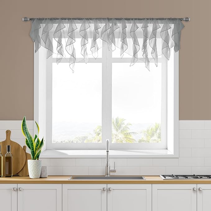 PearAge Ruffled Voile Semi Sheer Curtain Valance, Kitchen Living Room Shabby - Image 6