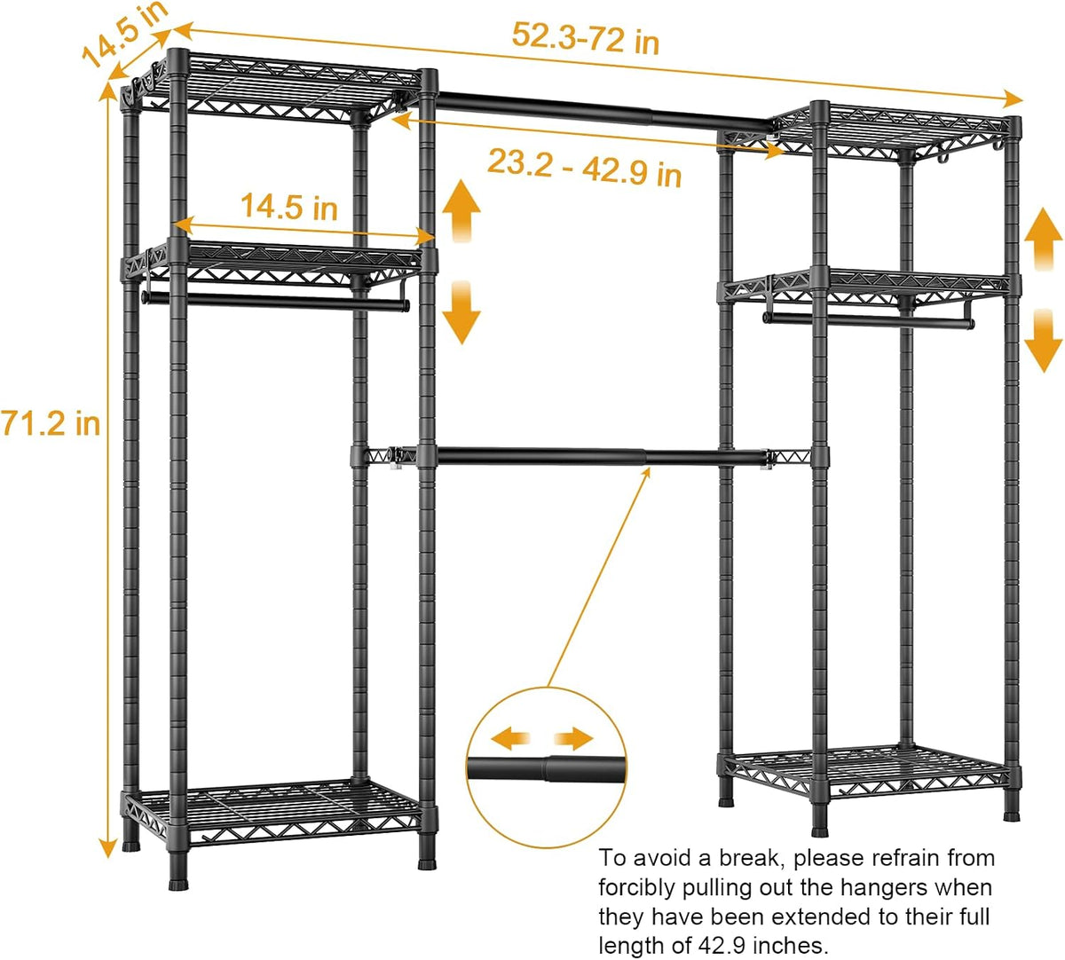 ulif e7 garment rack, heavy duty clothes storage showing dimensions