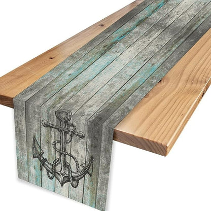Nautical Anchor Table Runner, Retro Coastal Ship Anchor Wooden Plank Vintage - Image 4