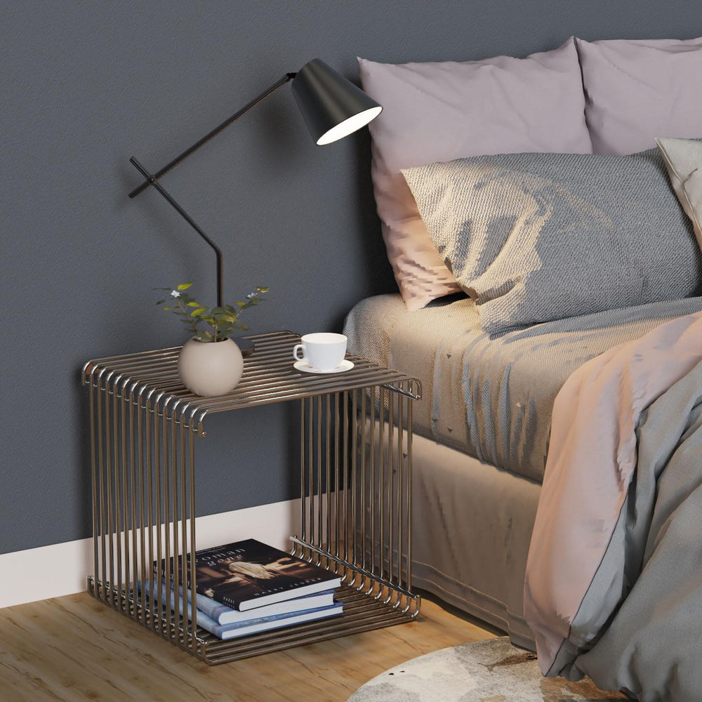 Square Geometry Retro Side Table Prime-Stainless Steel Linear Metal End Table...