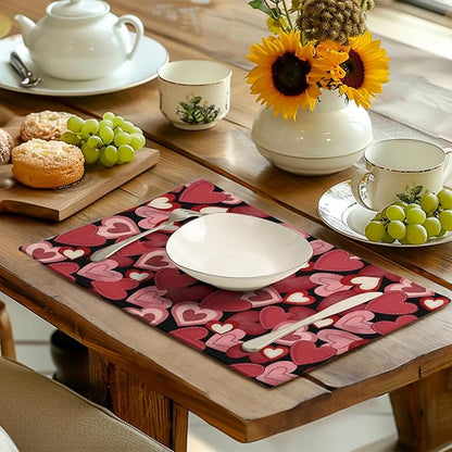 Valentines Day Love Hearts Placemats Set of 4 Valentine Red Black Heart Linen - Image 6