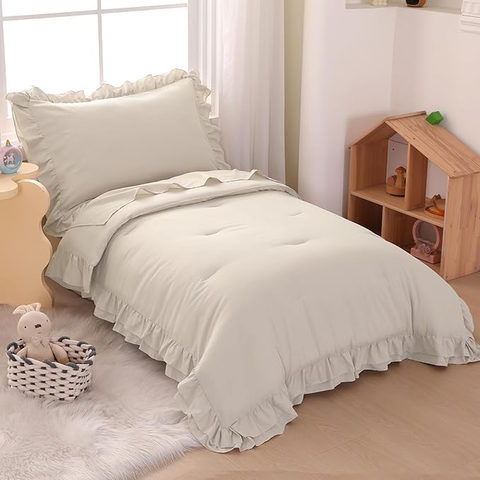 Wowelife Toddler Comforter Set for Girls, Pale Beige Toddler Bedding Set - Image 2