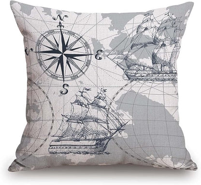 TSSOHU Nautical Sailboat Map Throw Pillow Cover Ship Anchor Cotton Linen by TSSOHU