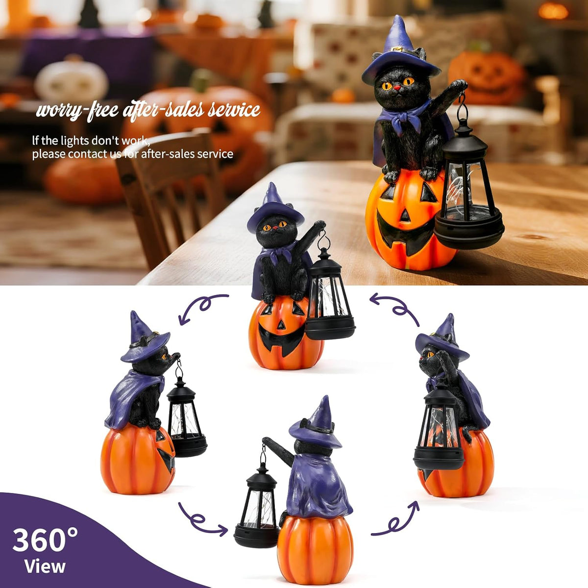 Halloween Black Cat Decor Solar Cat Garden Statues Sit On Pumpkin with LED Lantern Halloween Fall Outdoor Decorations for Porch Patio Yard Lawn Holiday Gardening Gifts for Women