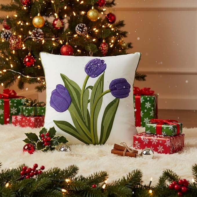 18x18 Embroidered Throw Pillow Cover – Purple Tulip Cotton Decorative Cushion - Image 7