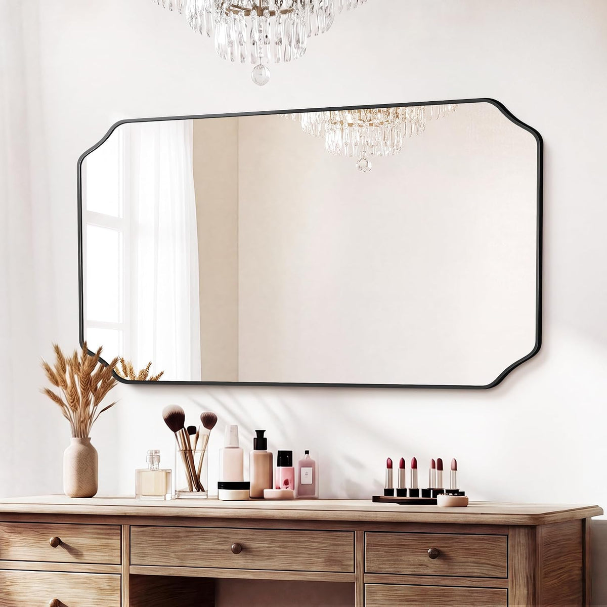 vanity bathroom mirror for over sink, 50"x30", black, package contents