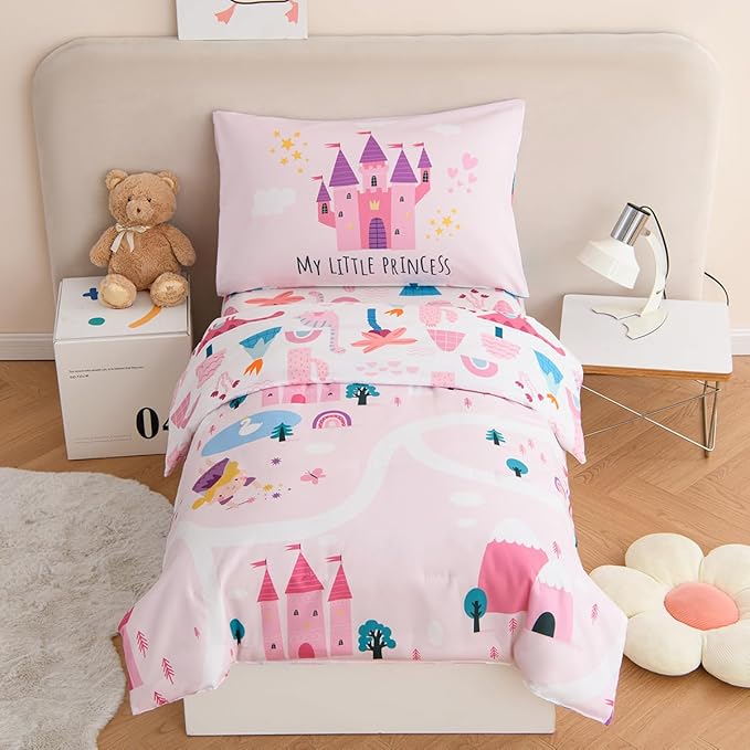 PERFEMET 4 Pieces Girls Toddler Bedding Set Pink Castle Fairy Tales Toddler by PERFEMET
