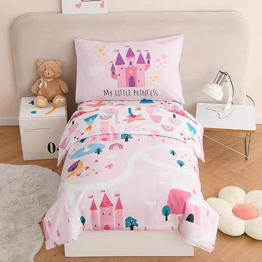 PERFEMET 4 Pieces Girls Toddler Bedding Set Pink Castle Fairy Tales Toddler by PERFEMET