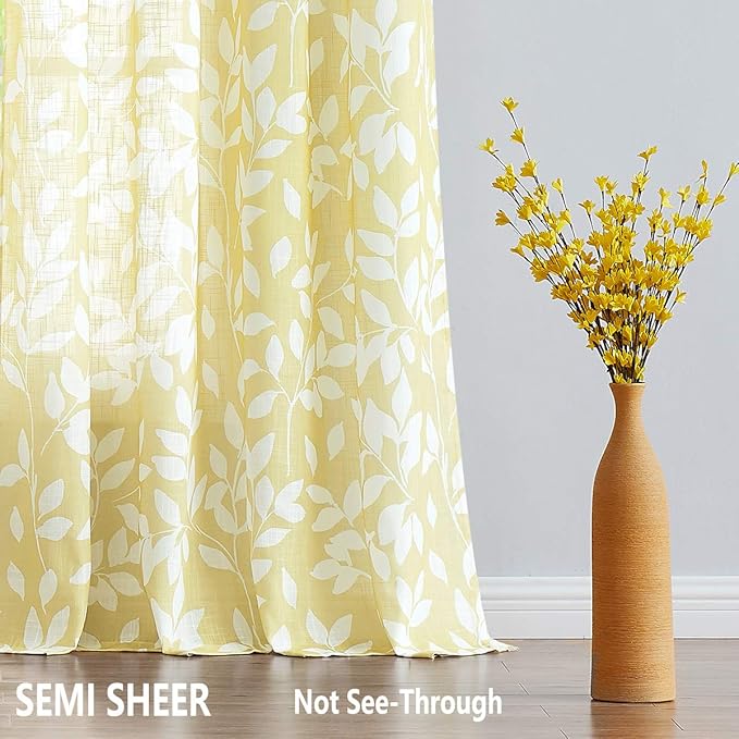 White Yellow Curtains for Living Room 84" Length Leaf Print Semi-Sheer Curtains - Image 7