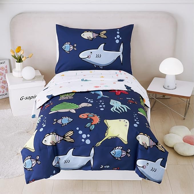 PERFEMET 4 Pieces Toddler Bedding Ocean Animal Printed Toddler Comforter Set by PERFEMET