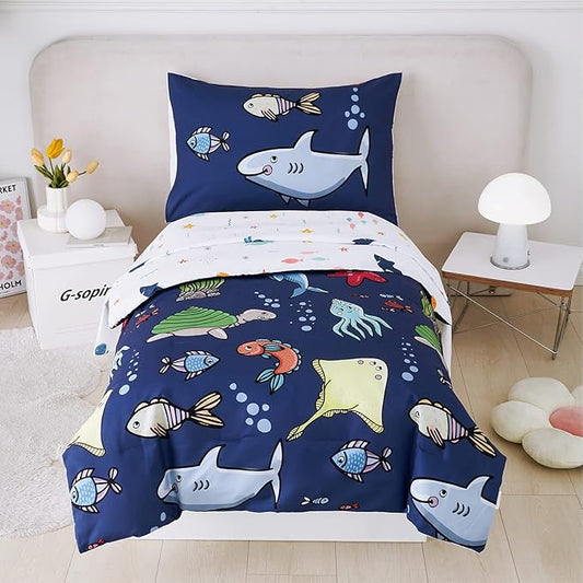 PERFEMET 4 Pieces Toddler Bedding Ocean Animal Printed Toddler Comforter Set by PERFEMET