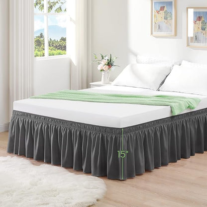 RIMELA King Grey Bed Skirt Wrap Around Elastic Dust Ruffles Solid Color Wrinkle - Image 7
