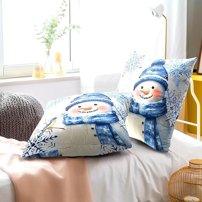 Winter Snowman Throw Pillow Covers 20x20 inch Set of 2 Christma Snowman Blue - Image 6