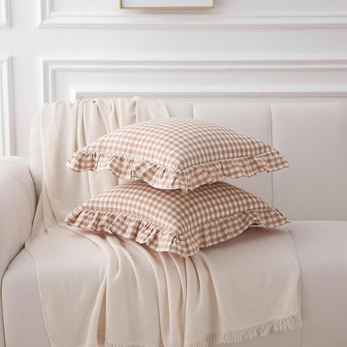 2 Pack Taupe White Plaid Ruffle Gingham Throw Pillow Covers, 100% Washed Cotton - Image 3